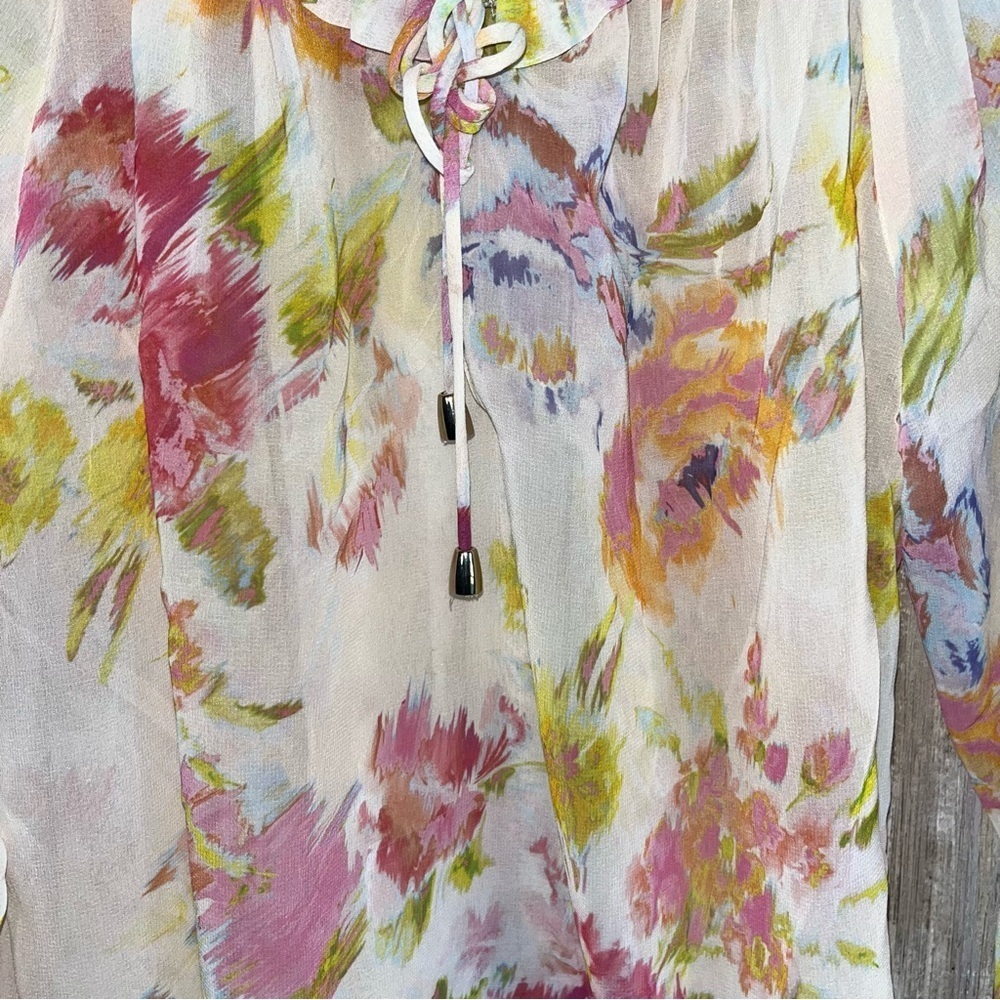 Zara Sheer Floral Peasant Blouse Bell Sleeve Boho Tie Neck Top Women’s M - Picture 5 of 7